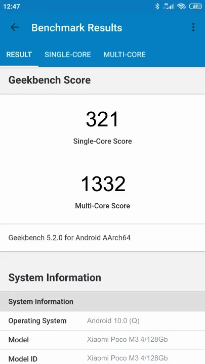 Pontuações do Xiaomi Poco M3 4/128Gb Geekbench Benchmark