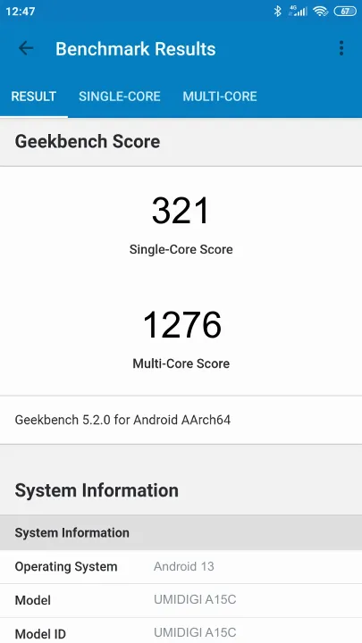 UMIDIGI A15C的Geekbench Benchmark测试得分