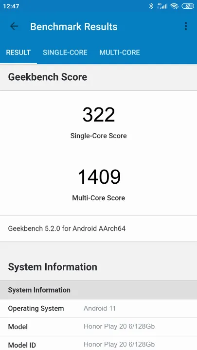 Wyniki testu Honor Play 20 6/128Gb Geekbench Benchmark