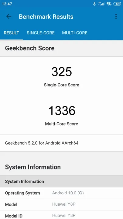 Punteggi Huawei Y8P Geekbench Benchmark