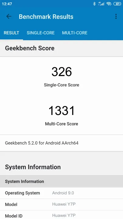 Punteggi Huawei Y7P Geekbench Benchmark