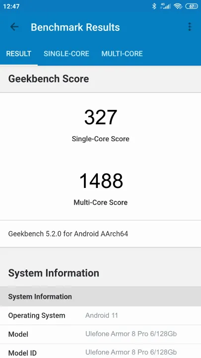 Wyniki testu Ulefone Armor 8 Pro 6/128Gb Geekbench Benchmark