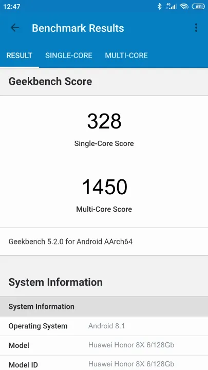Wyniki testu Huawei Honor 8X 6/128Gb Geekbench Benchmark