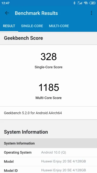 Huawei Enjoy 20 SE 4/128GB תוצאות ציון מידוד Geekbench