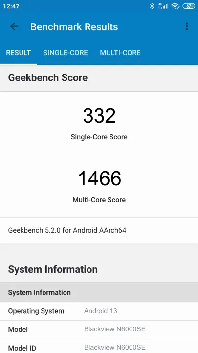Blackview N6000SE Geekbench benchmark: classement et résultats scores de tests