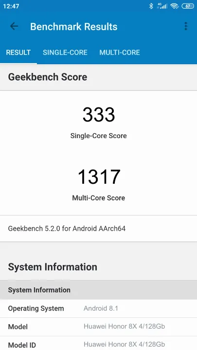 Huawei Honor 8X 4/128Gb Geekbench benchmark score results