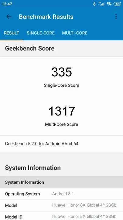 Huawei Honor 8X Global 4/128Gb Geekbench benchmark score results