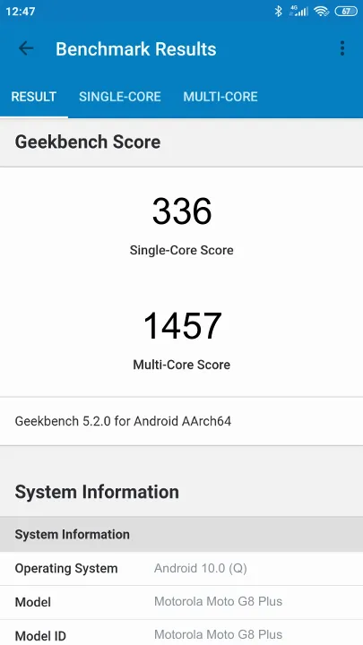 Motorola Moto G8 Plus Geekbench benchmark score results