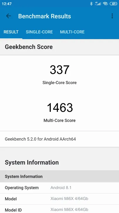 Xiaomi Mi6X 4/64Gb的Geekbench Benchmark测试得分