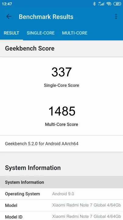 Wyniki testu Xiaomi Redmi Note 7 Global 4/64Gb Geekbench Benchmark
