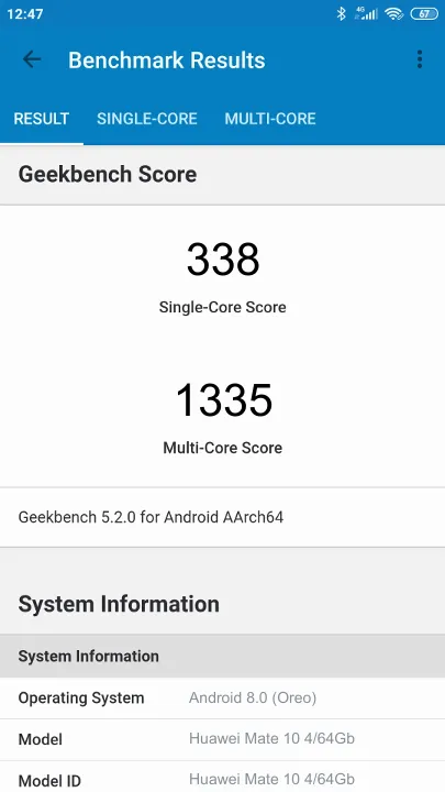 Wyniki testu Huawei Mate 10 4/64Gb Geekbench Benchmark