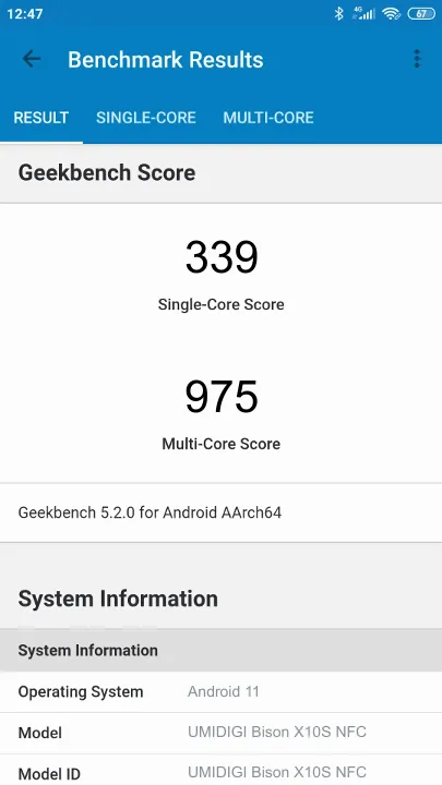 UMIDIGI Bison X10S NFC poeng for Geekbench-referanse