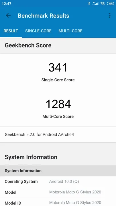 Motorola Moto G Stylus 2020 Geekbench benchmarkresultat-poäng