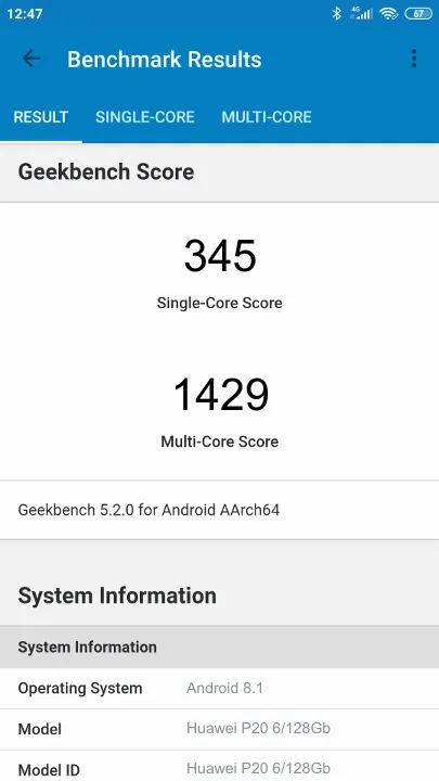 Pontuações do Huawei P20 6/128Gb Geekbench Benchmark