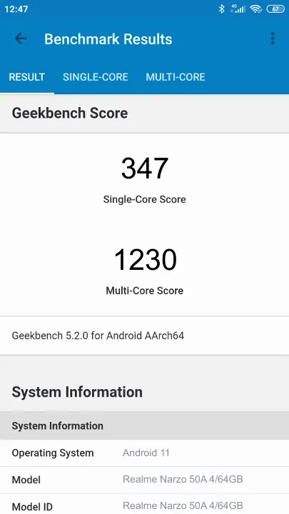 Pontuações do Realme Narzo 50A 4/64GB Geekbench Benchmark