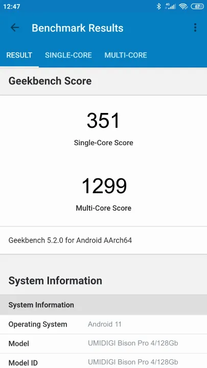 Skor UMIDIGI Bison Pro 4/128Gb Geekbench Benchmark