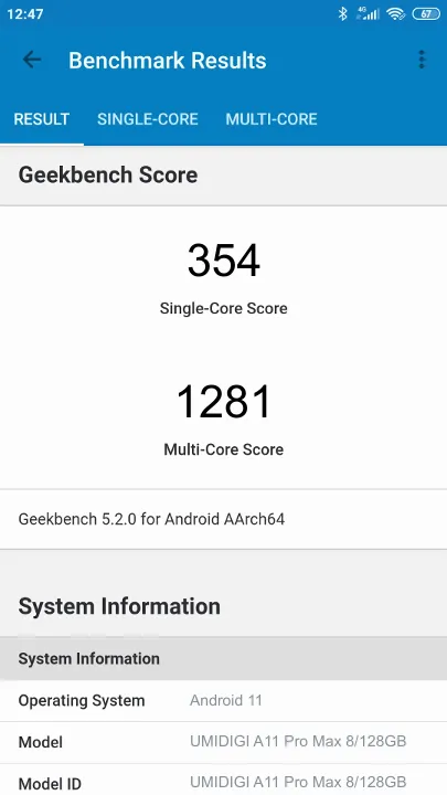 Pontuações do UMIDIGI A11 Pro Max 8/128GB Geekbench Benchmark