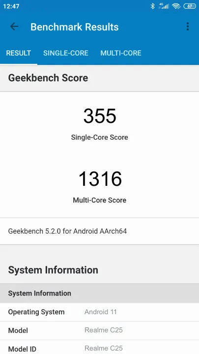 Βαθμολογία Realme C25 Geekbench Benchmark