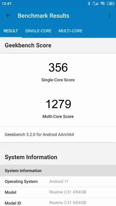 Realme C31 4/64GB Geekbench benchmark score results