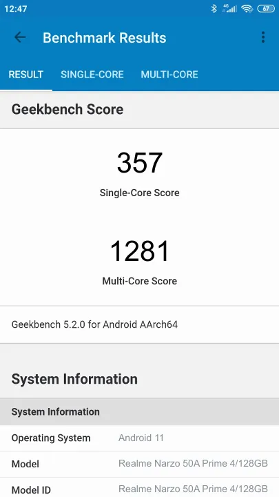 Realme Narzo 50A Prime 4/128GB Geekbench Benchmark-Ergebnisse