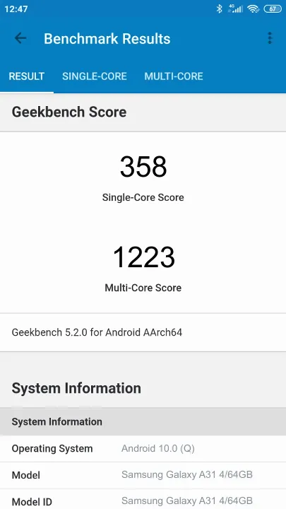نتائج اختبار Samsung Galaxy A31 4/64GB Geekbench المعيارية
