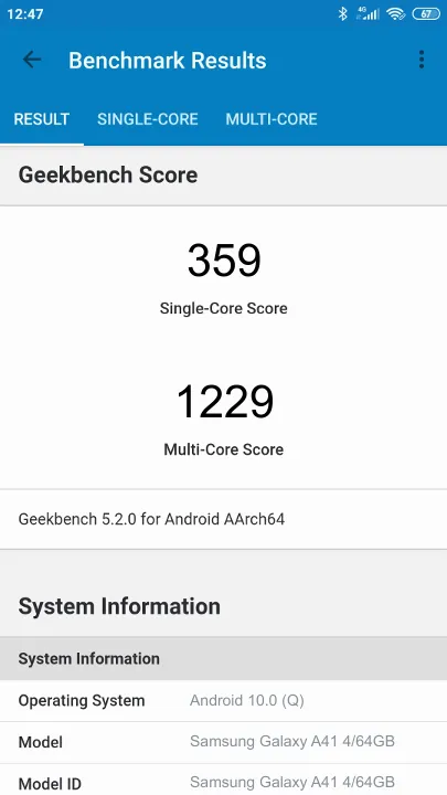 نتائج اختبار Samsung Galaxy A41 4/64GB Geekbench المعيارية