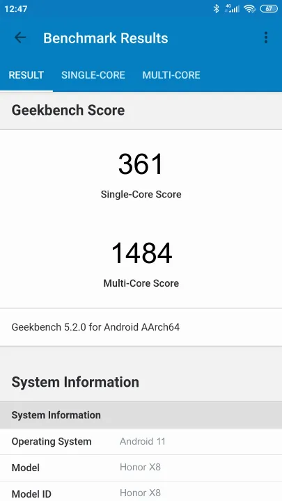 Honor X8 Geekbench benchmarkresultat-poäng