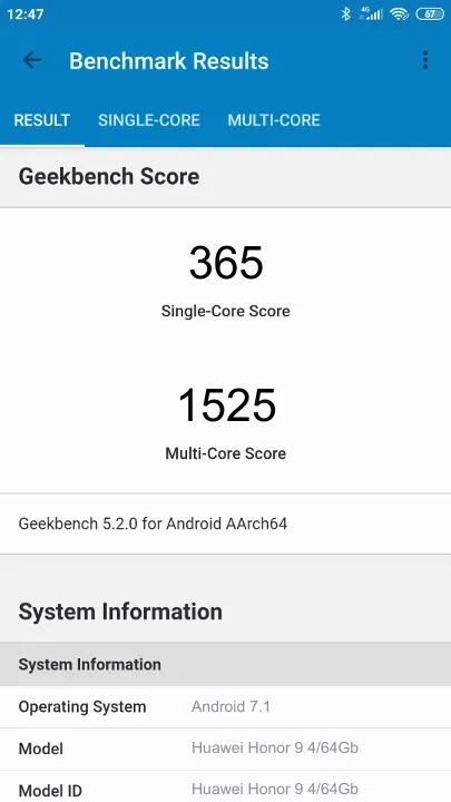 Huawei Honor 9 4/64Gb Geekbench benchmark score results