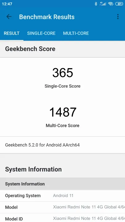 Xiaomi Redmi Note 11 4G Global 4/64GB non-NFC Geekbench Benchmark testi