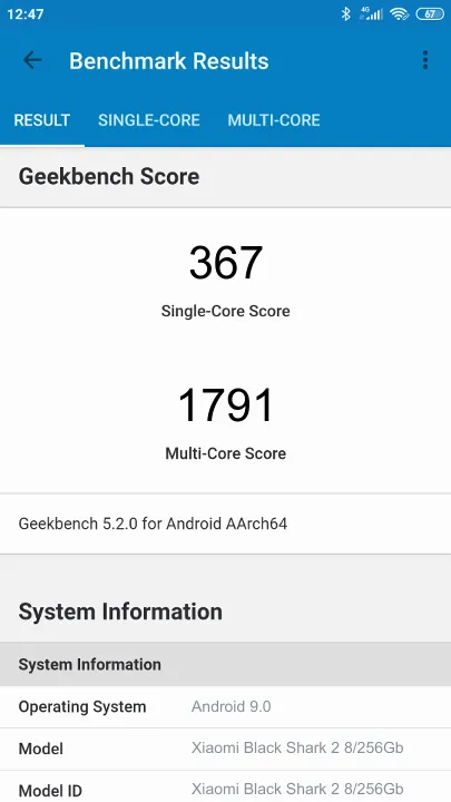 Pontuações do Xiaomi Black Shark 2 8/256Gb Geekbench Benchmark