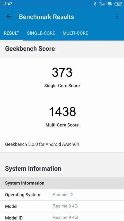 Realme 9 4G Geekbench Benchmark점수