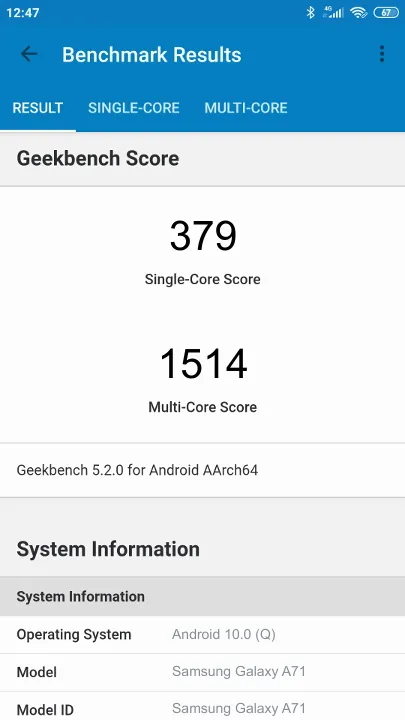 Samsung Galaxy A71 Geekbench Benchmark testi