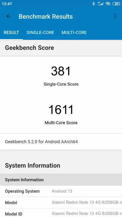 Wyniki testu Xiaomi Redmi Note 13 4G 8/256GB non NFC Geekbench Benchmark