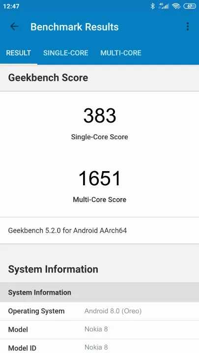 Nokia 8的Geekbench Benchmark测试得分
