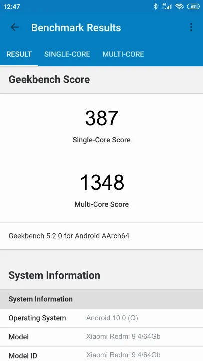 Wyniki testu Xiaomi Redmi 9 4/64Gb Geekbench Benchmark