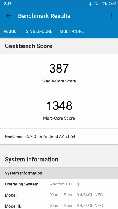Wyniki testu Xiaomi Redmi 9 4/64Gb NFC Geekbench Benchmark