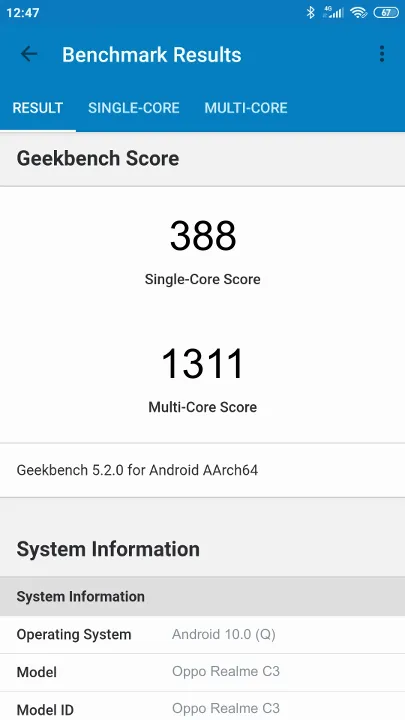 Wyniki testu Oppo Realme C3 Geekbench Benchmark