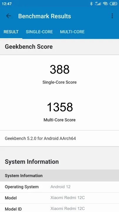 Skor Xiaomi Redmi 12C 3/64GB Geekbench Benchmark