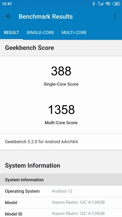 Xiaomi Redmi 12C 4/128GB Geekbench benchmark score results