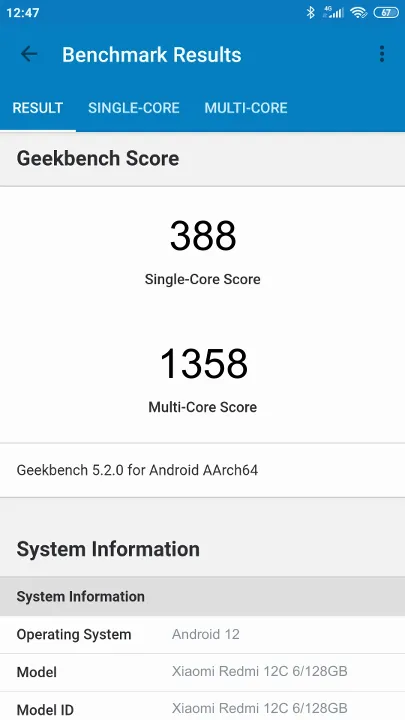 Βαθμολογία Xiaomi Redmi 12C 6/128GB Geekbench Benchmark