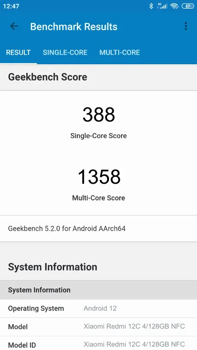 Xiaomi Redmi 12C 4/128GB NFC Geekbench Benchmark-Ergebnisse