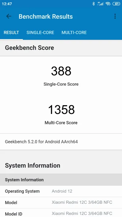 Pontuações do Xiaomi Redmi 12C 3/64GB NFC Geekbench Benchmark