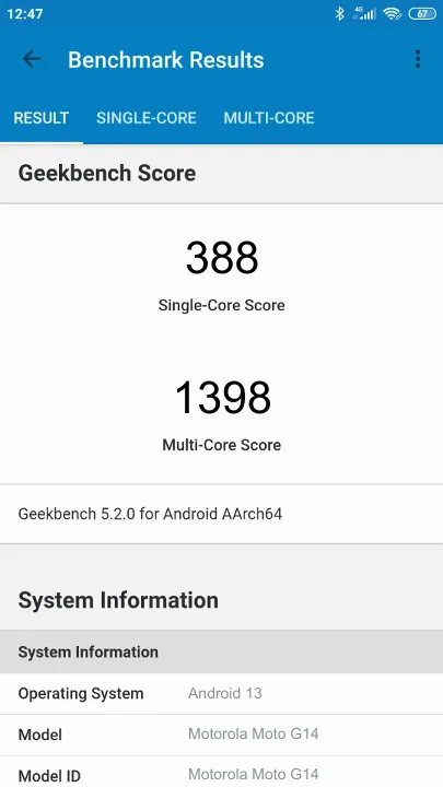 Motorola Moto G14 Geekbench Benchmark점수
