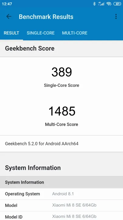 Xiaomi Mi 8 SE 6/64Gb Geekbench benchmark score results