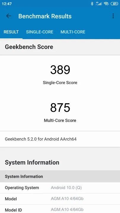 AGM A10 4/64Gb Geekbench benchmark score results