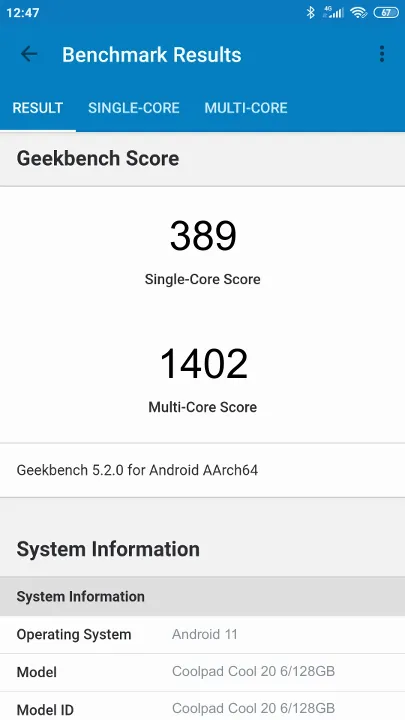Coolpad Cool 20 6/128GB Geekbench benchmark score results