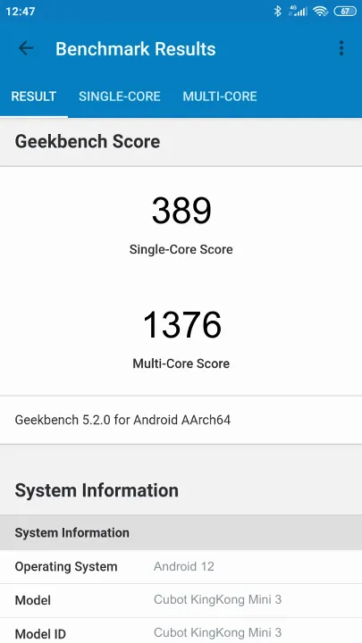 Cubot KingKong Mini 3的Geekbench Benchmark测试得分