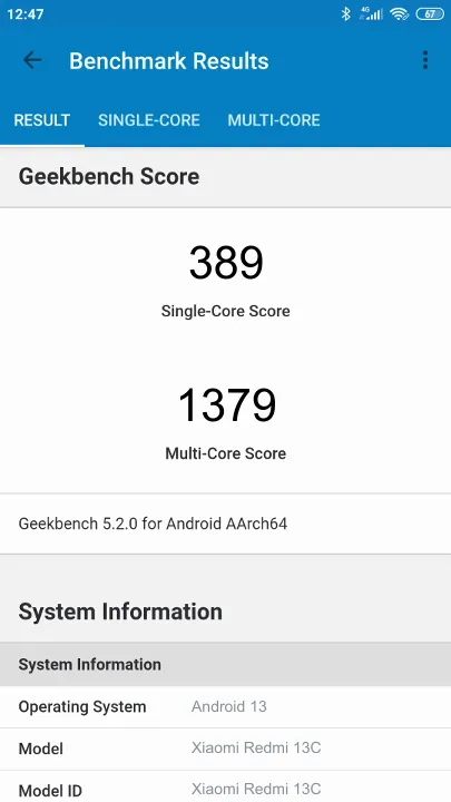 Xiaomi Redmi 13C Geekbench benchmark score results