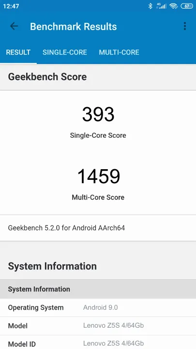 Pontuações do Lenovo Z5S 4/64Gb Geekbench Benchmark