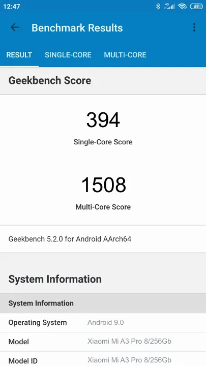 Xiaomi Mi A3 Pro 8/256Gb תוצאות ציון מידוד Geekbench